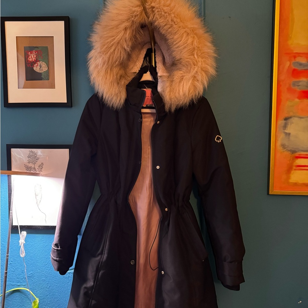 Kate Spade Black and Cream Puffer Coat with Fur Hood